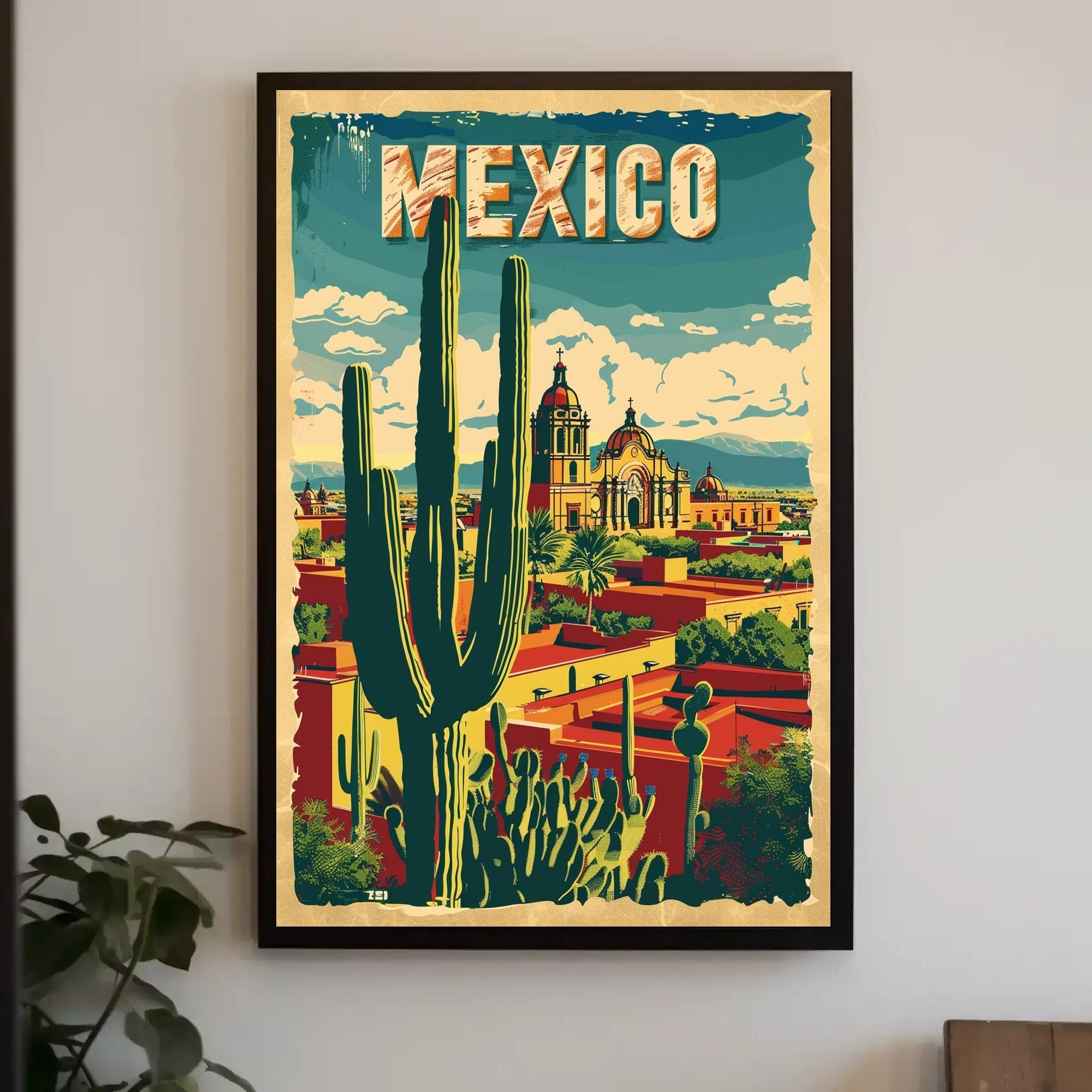 Vibrant Retro Mexico Townscape with Cactus Travel Poster PosterGoat