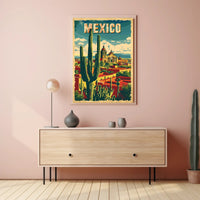 Vibrant Retro Mexico Townscape with Cactus Travel Poster PosterGoat