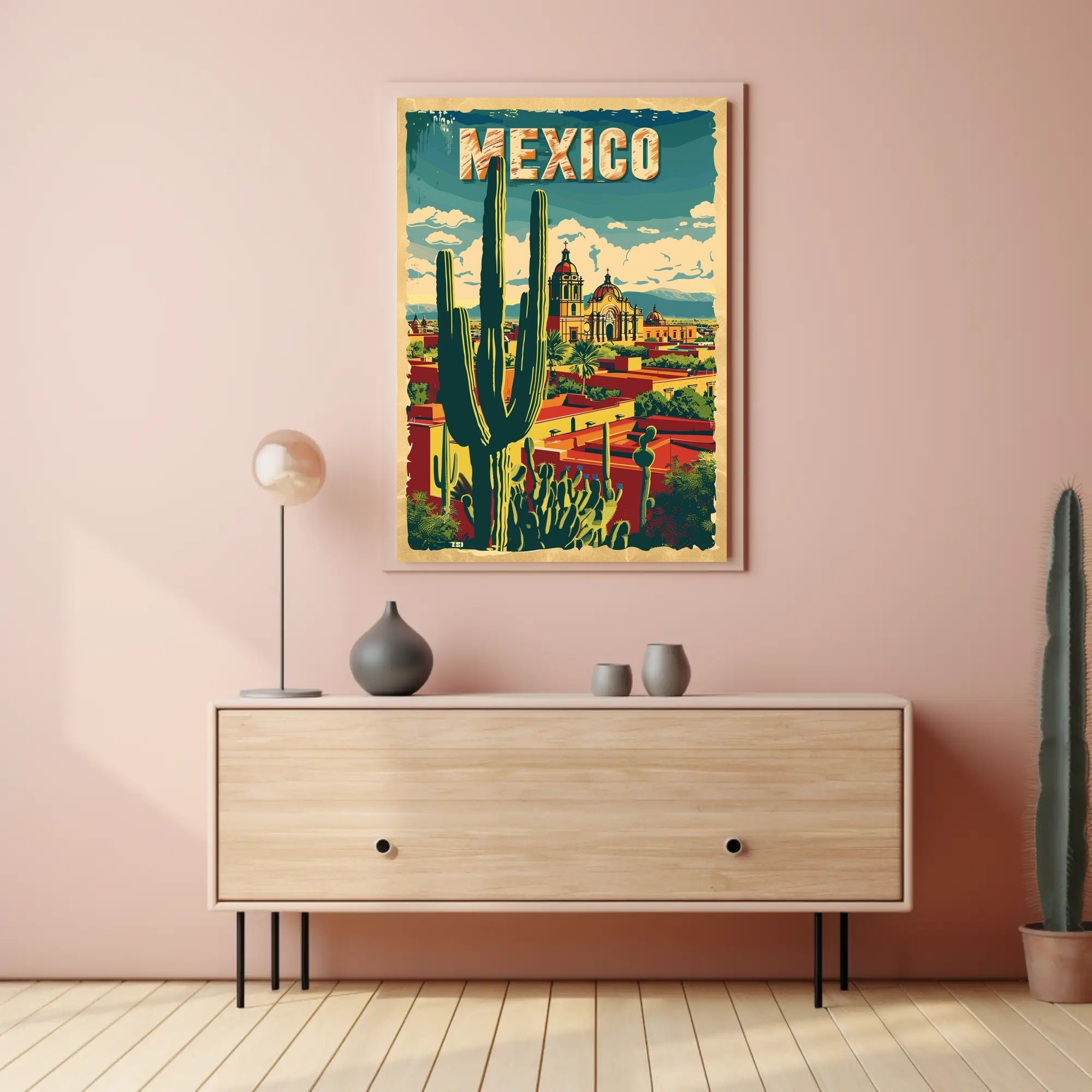 Vibrant Retro Mexico Townscape with Cactus Travel Poster PosterGoat