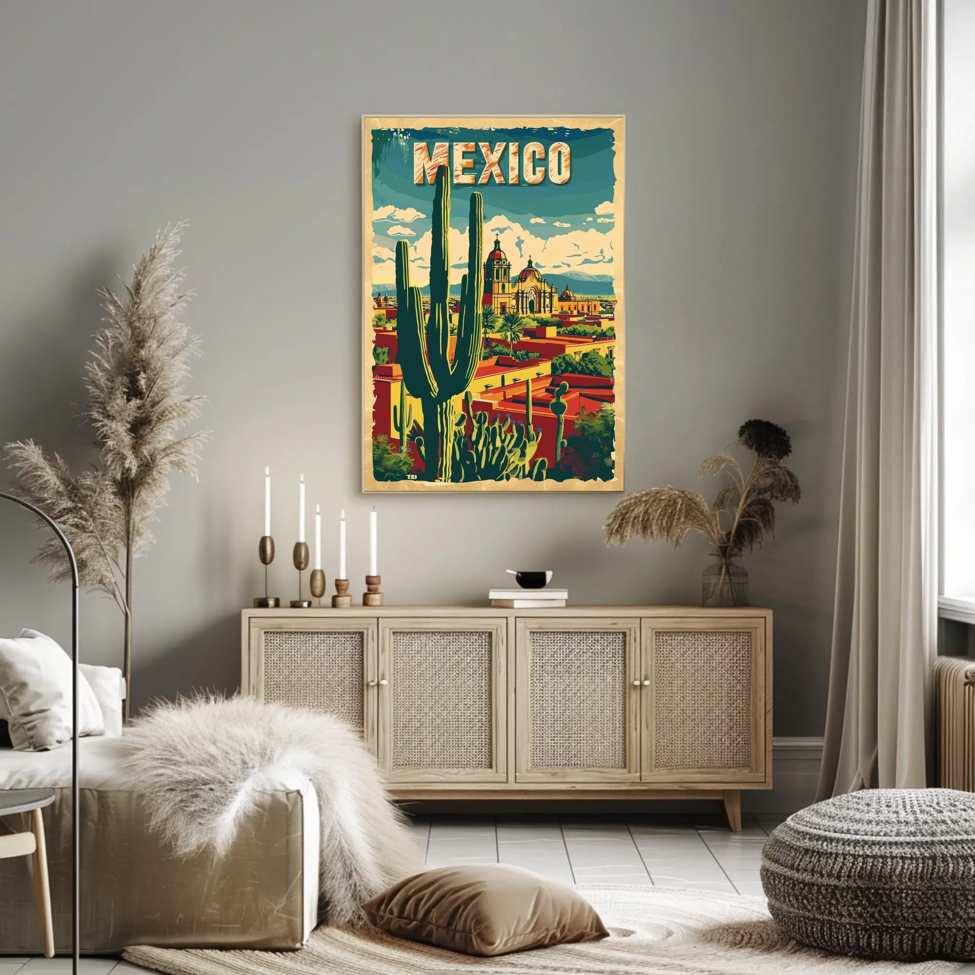 Vibrant Retro Mexico Townscape with Cactus Travel Poster PosterGoat