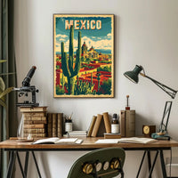 Vibrant Retro Mexico Townscape with Cactus Travel Poster PosterGoat