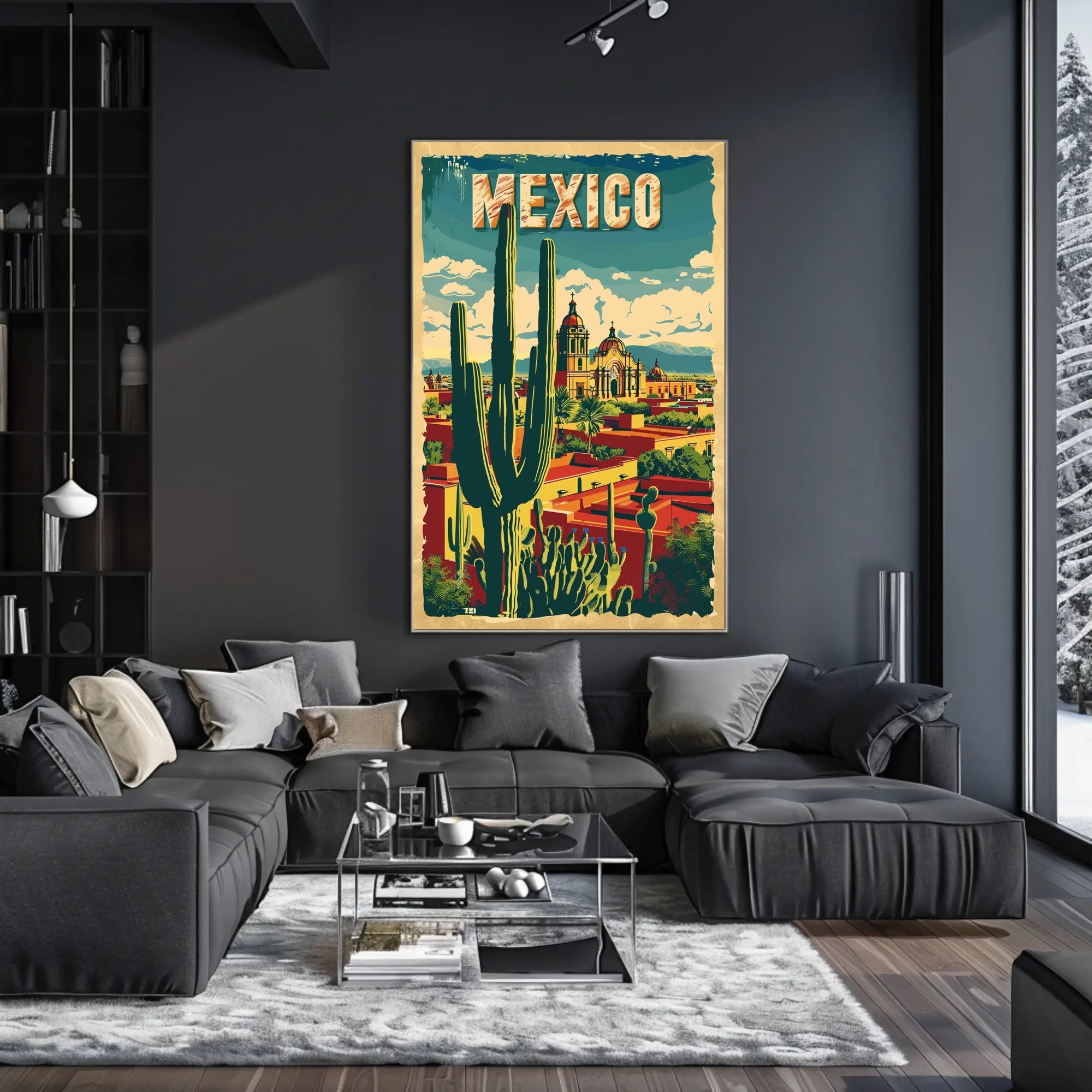 Vibrant Retro Mexico Townscape with Cactus Travel Poster PosterGoat
