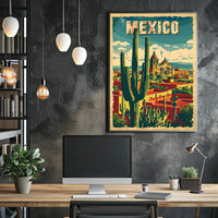 Vibrant Retro Mexico Townscape with Cactus Travel Poster PosterGoat