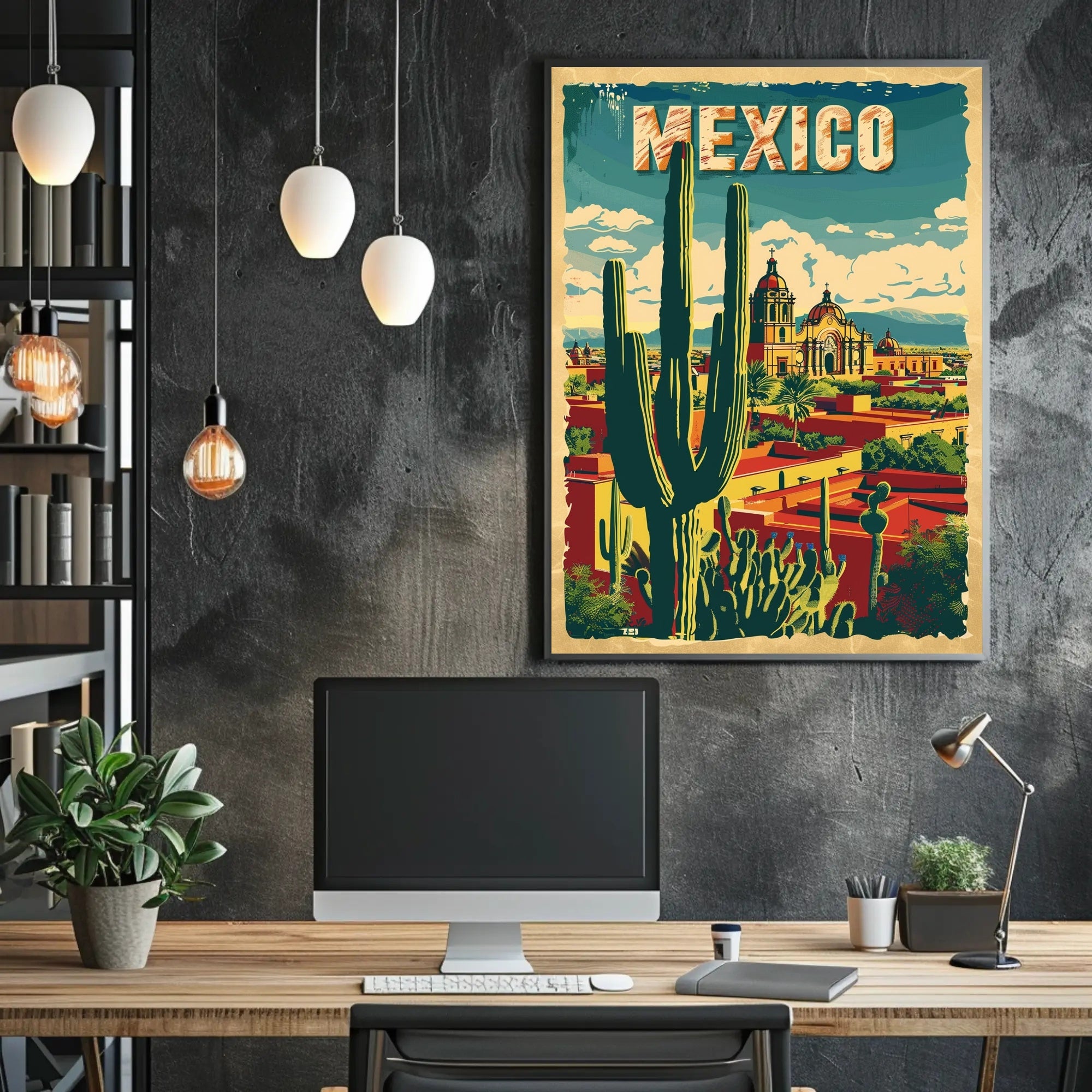 Vibrant Retro Mexico Townscape with Cactus Travel Poster PosterGoat