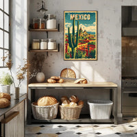 Vibrant Retro Mexico Townscape with Cactus Travel Poster PosterGoat