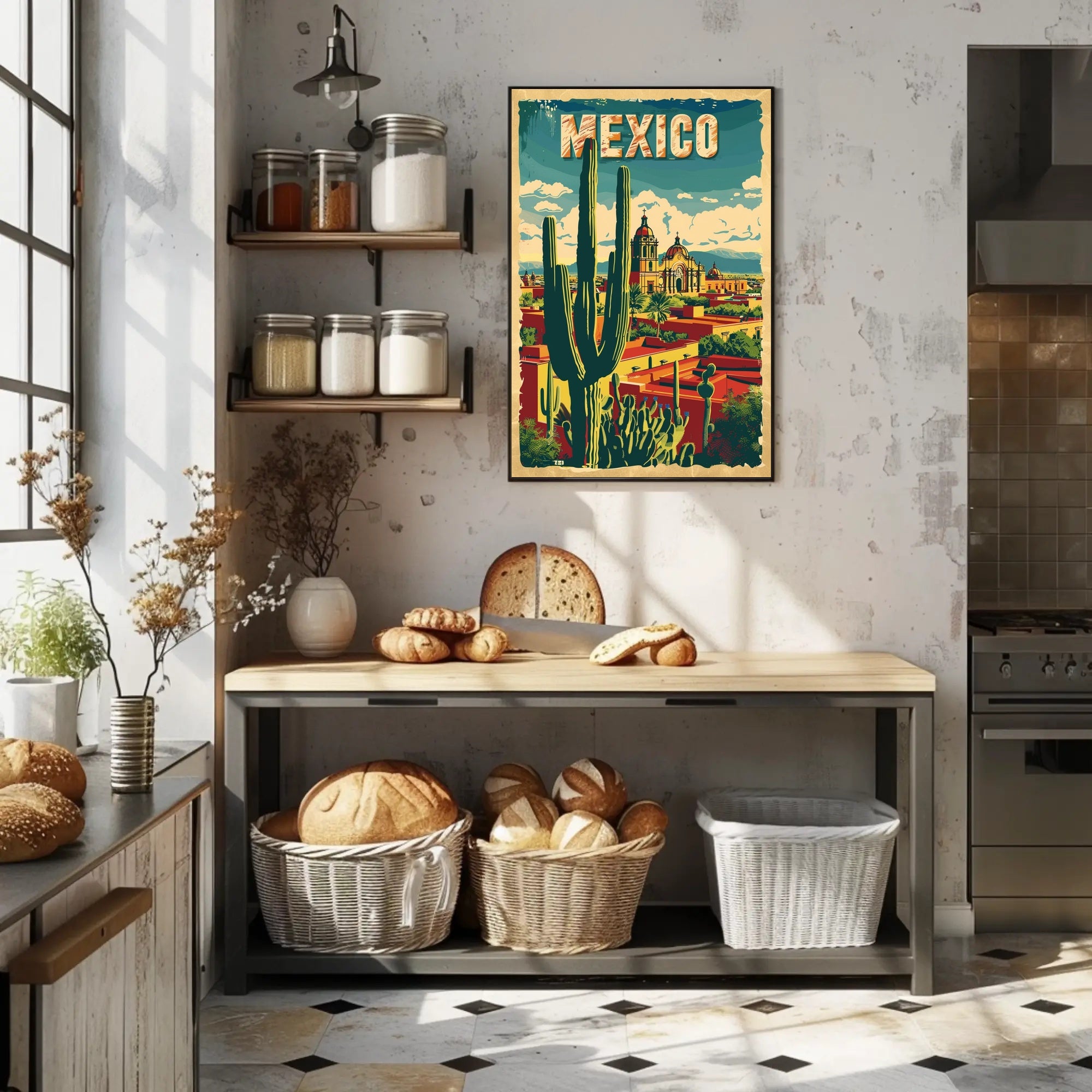 Vibrant Retro Mexico Townscape with Cactus Travel Poster PosterGoat