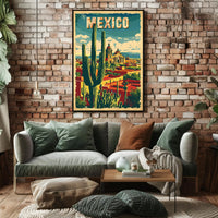 Vibrant Retro Mexico Townscape with Cactus Travel Poster PosterGoat