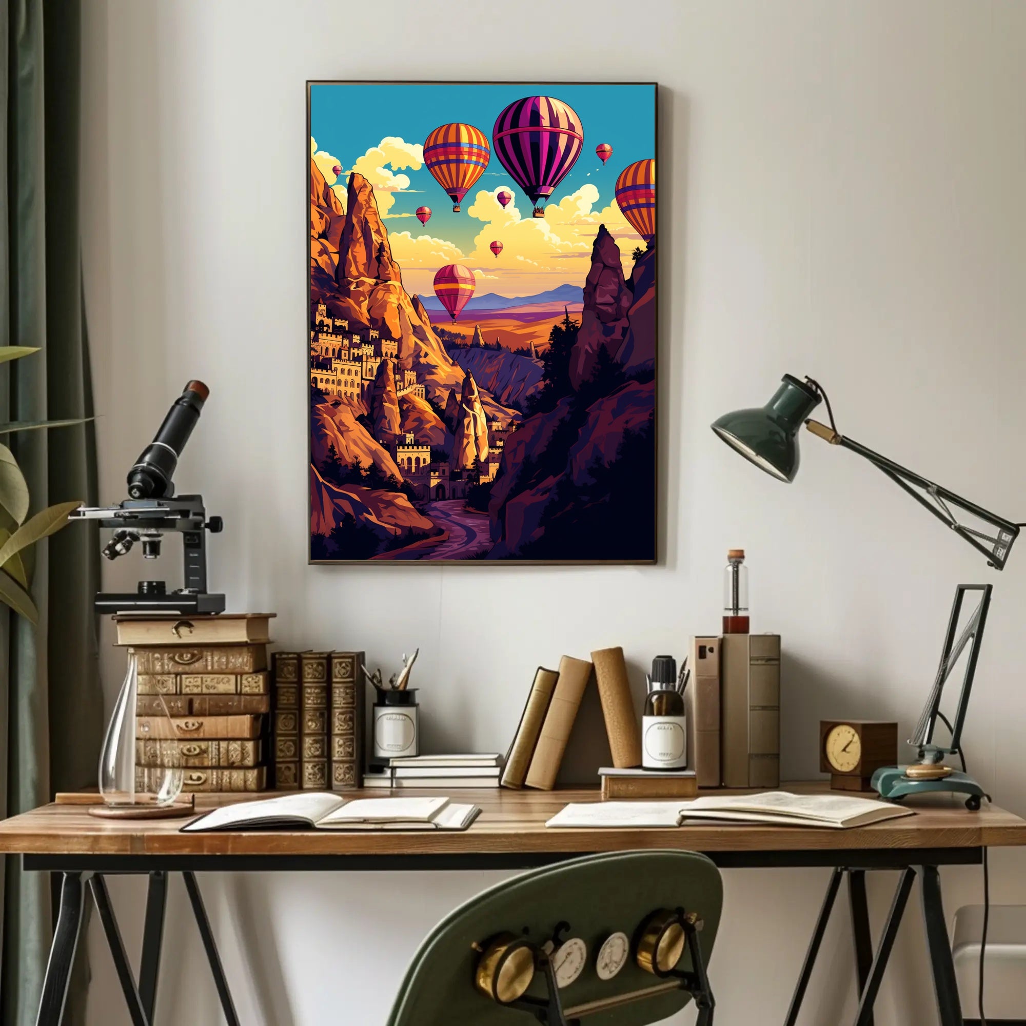 Vibrant Surreal Landscape with Hot Air Balloons Fantasy Poster PosterGoat