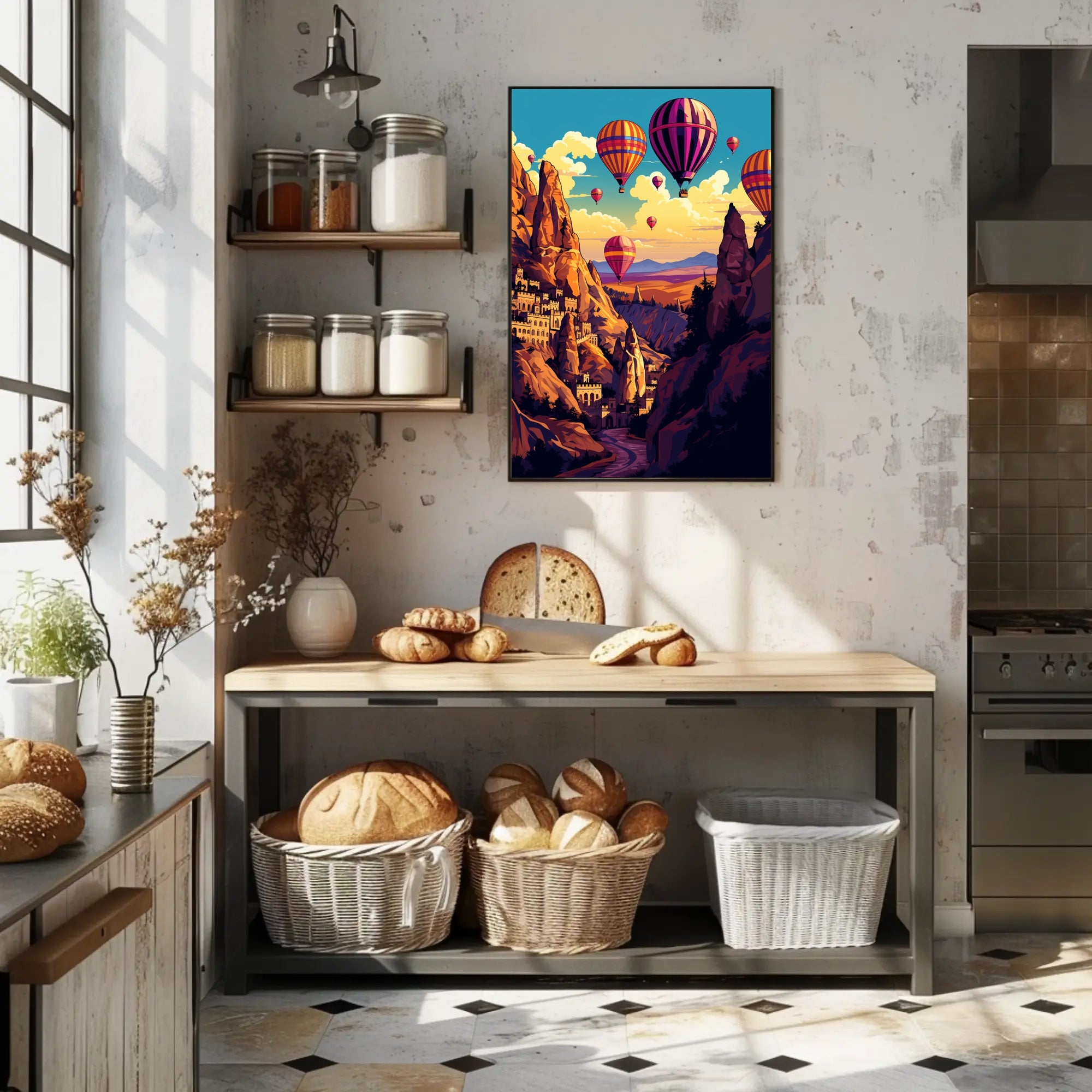 Vibrant Surreal Landscape with Hot Air Balloons Fantasy Poster PosterGoat