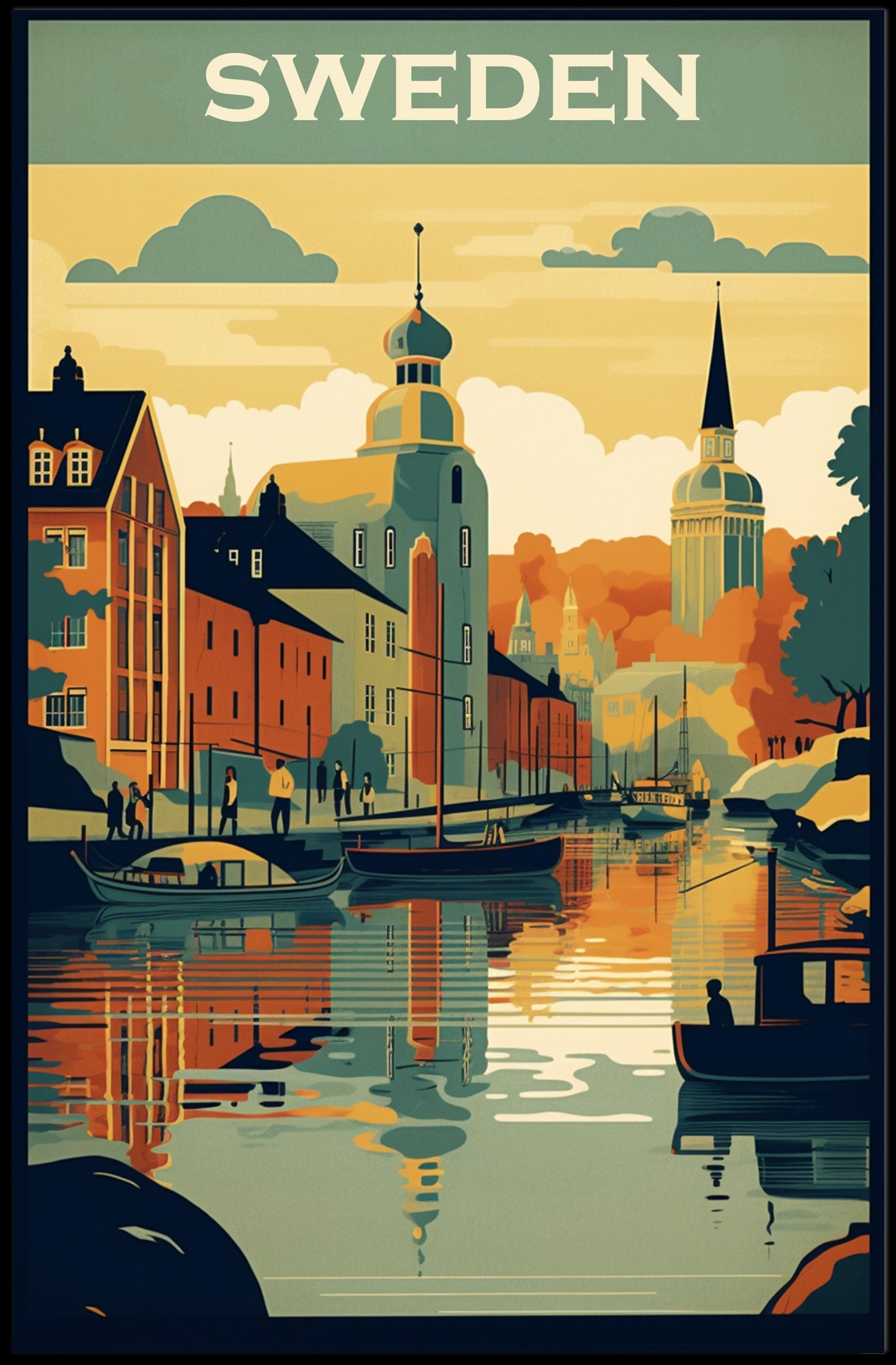 Vibrant Swedish Cityscape Vintage Style Travel Poster PosterGoat