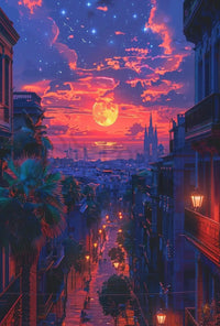 Vibrant Urban Sunset Scene with European Charm Travel Poster PosterGoat