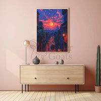 Vibrant Urban Sunset Scene with European Charm Travel Poster PosterGoat