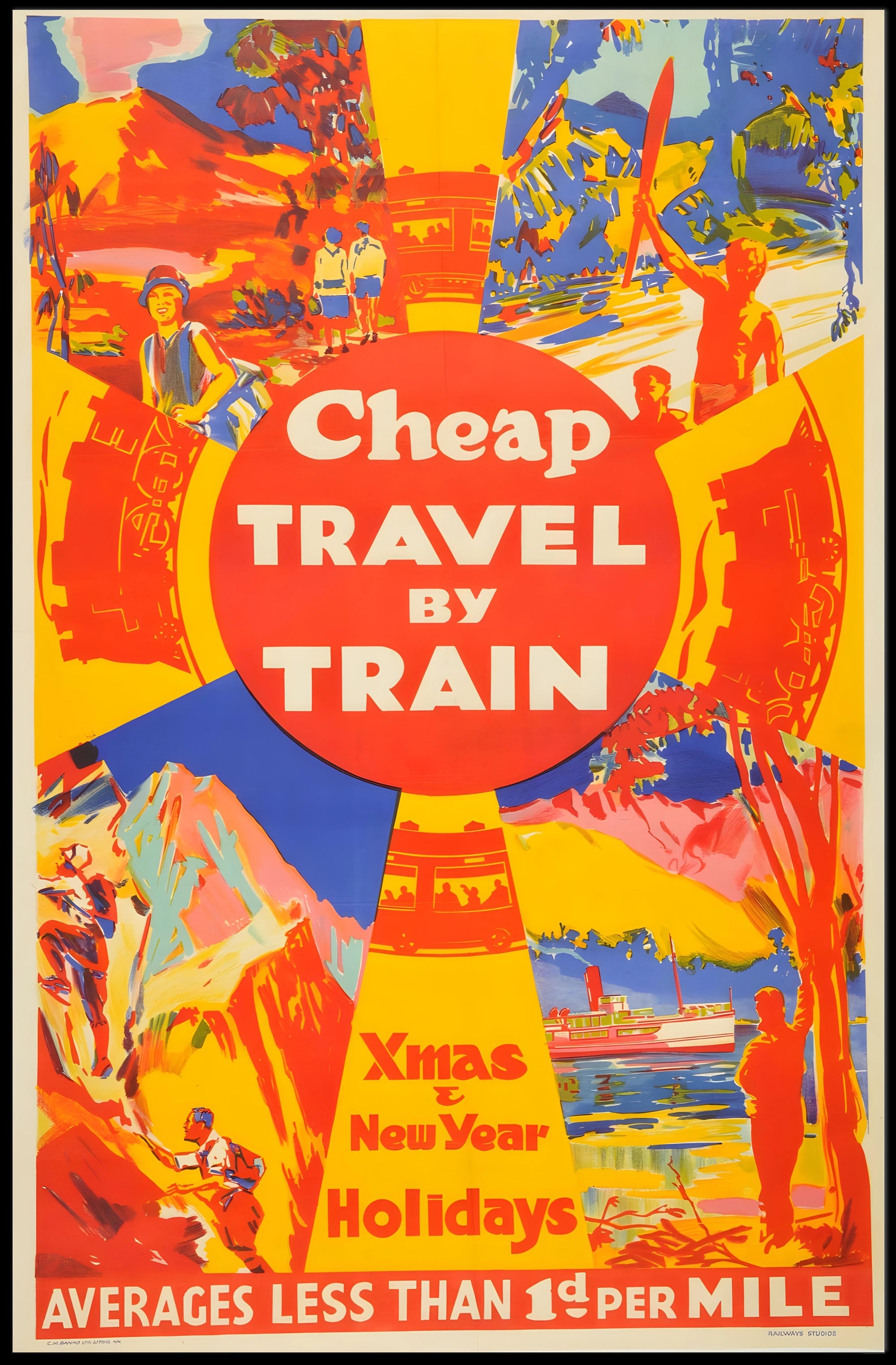 Vibrant Vintage Train Travel Holiday Art Print - Travel Poster PosterGoat