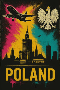 Vibrant Warsaw Travel Art Poster with Polish National Symbols PosterGoat