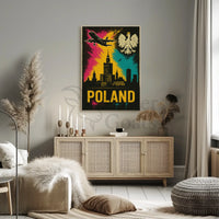 Vibrant Warsaw Travel Art Poster with Polish National Symbols PosterGoat