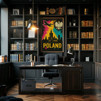 Vibrant Warsaw Travel Art Poster with Polish National Symbols PosterGoat