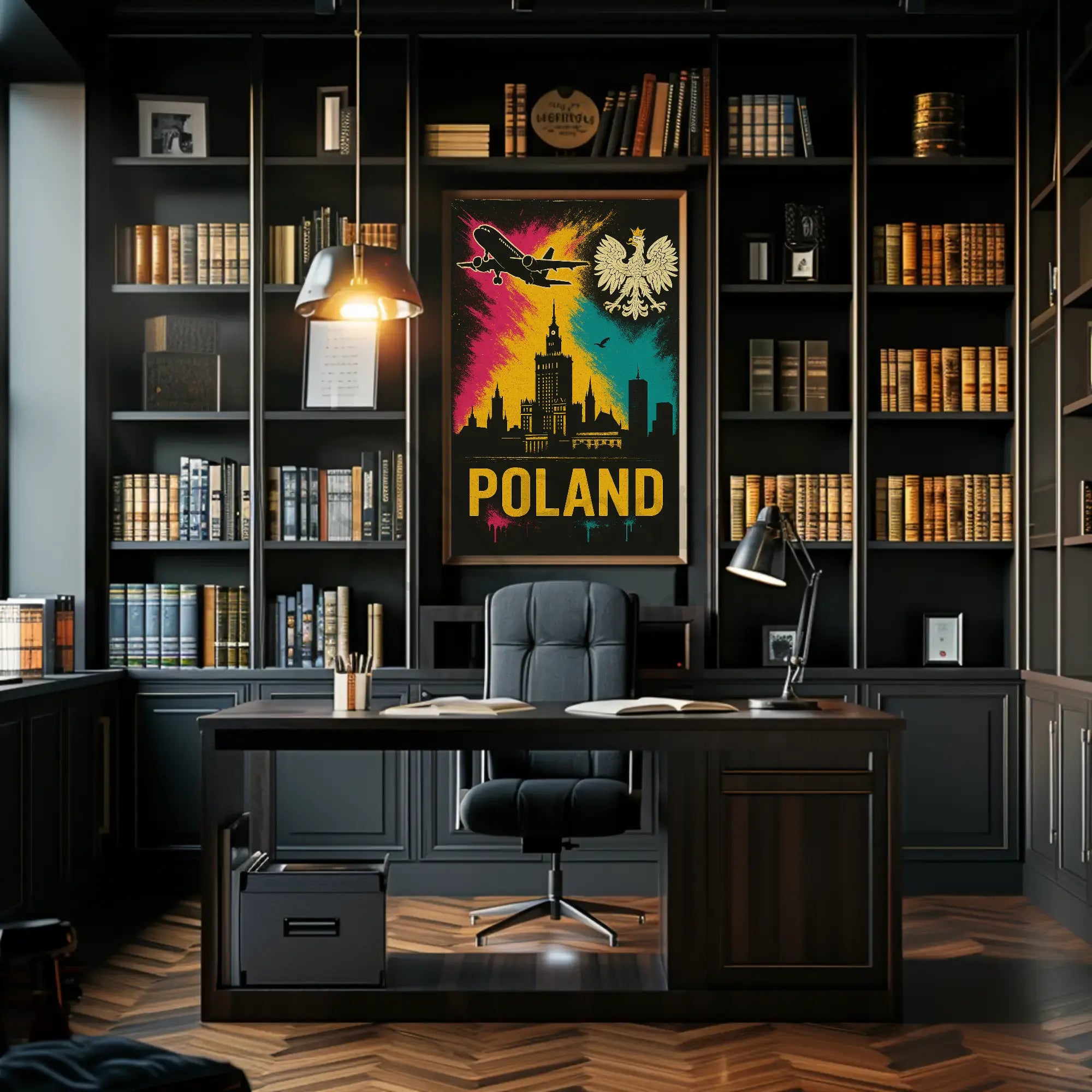 Vibrant Warsaw Travel Art Poster with Polish National Symbols PosterGoat