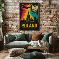Vibrant Warsaw Travel Art Poster with Polish National Symbols PosterGoat