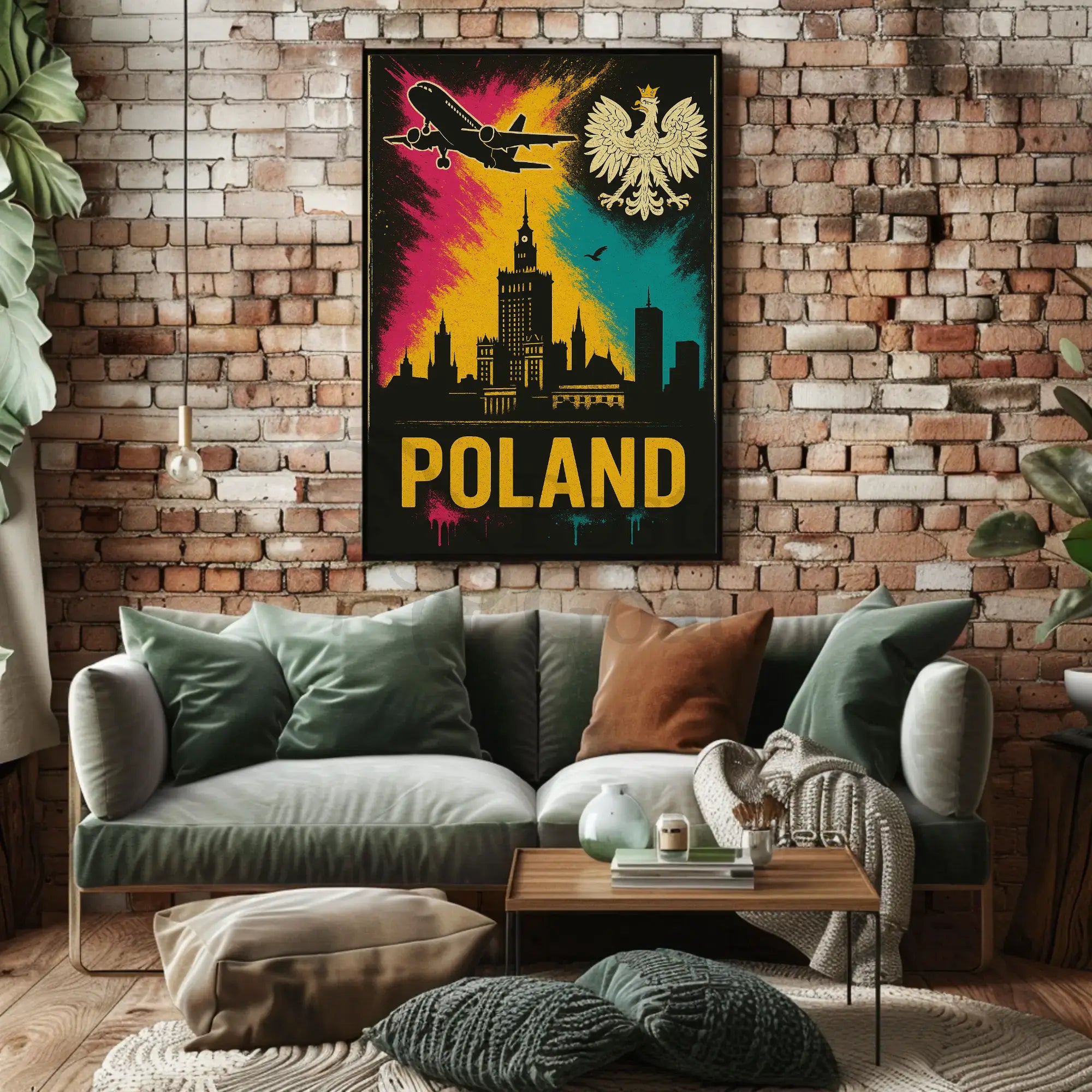 Vibrant Warsaw Travel Art Poster with Polish National Symbols PosterGoat