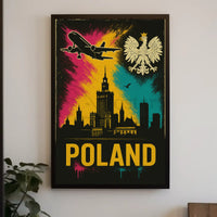 Vibrant Warsaw Travel Art Poster with Polish National Symbols PosterGoat