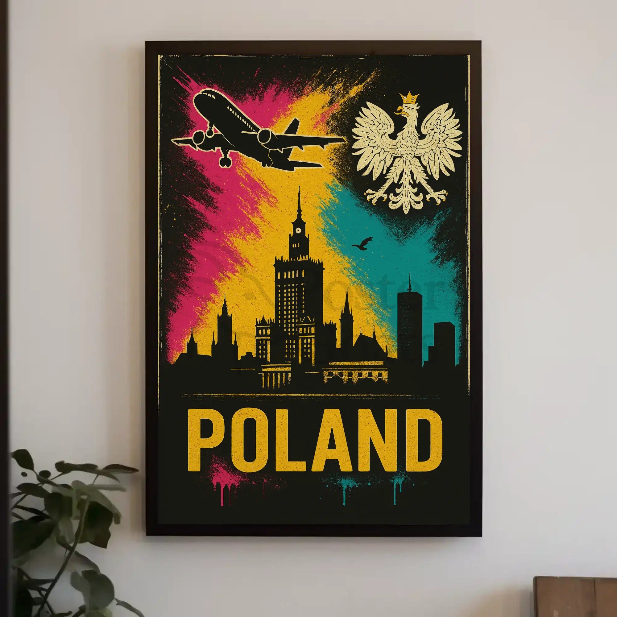 Vibrant Warsaw Travel Art Poster with Polish National Symbols PosterGoat