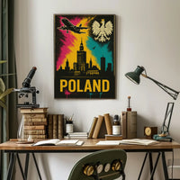 Vibrant Warsaw Travel Art Poster with Polish National Symbols PosterGoat
