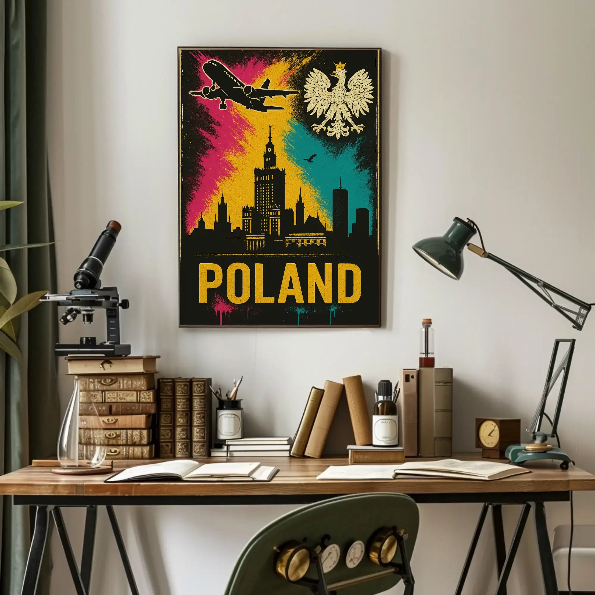 Vibrant Warsaw Travel Art Poster with Polish National Symbols PosterGoat