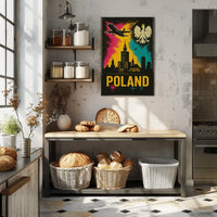Vibrant Warsaw Travel Art Poster with Polish National Symbols PosterGoat