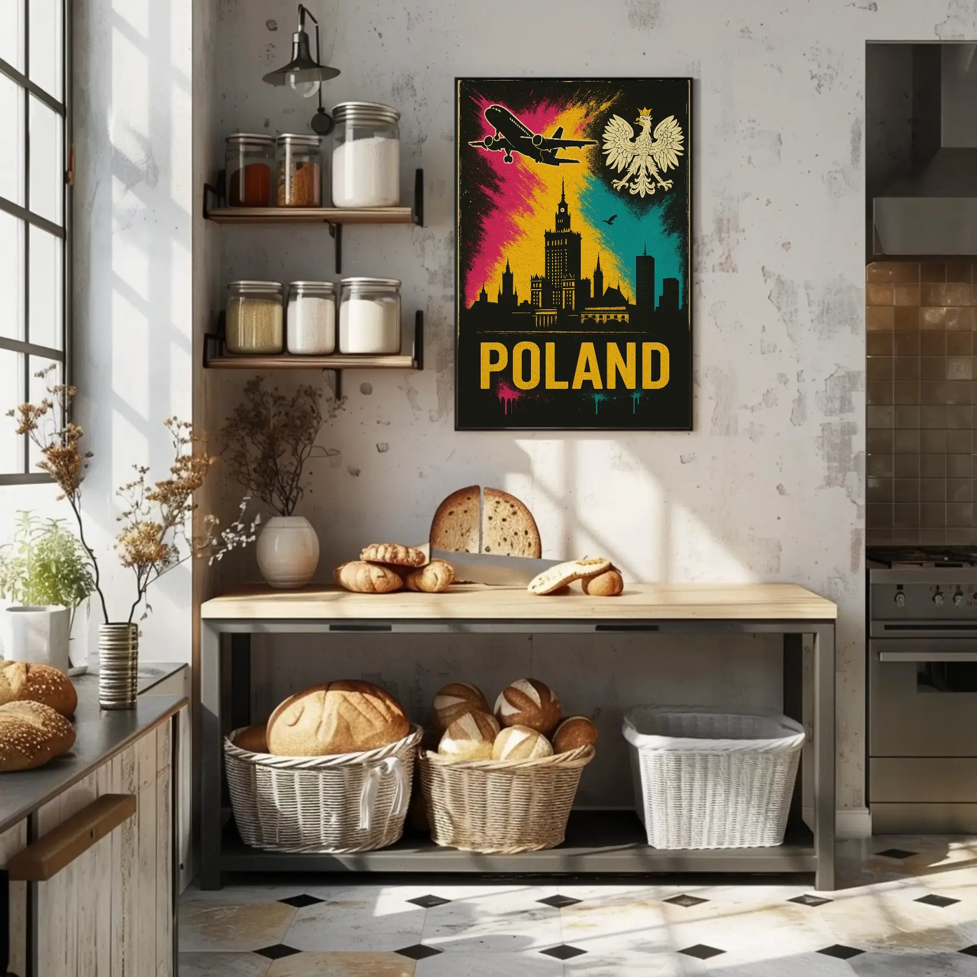 Vibrant Warsaw Travel Art Poster with Polish National Symbols PosterGoat