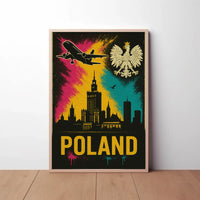 Vibrant Warsaw Travel Art Poster with Polish National Symbols PosterGoat