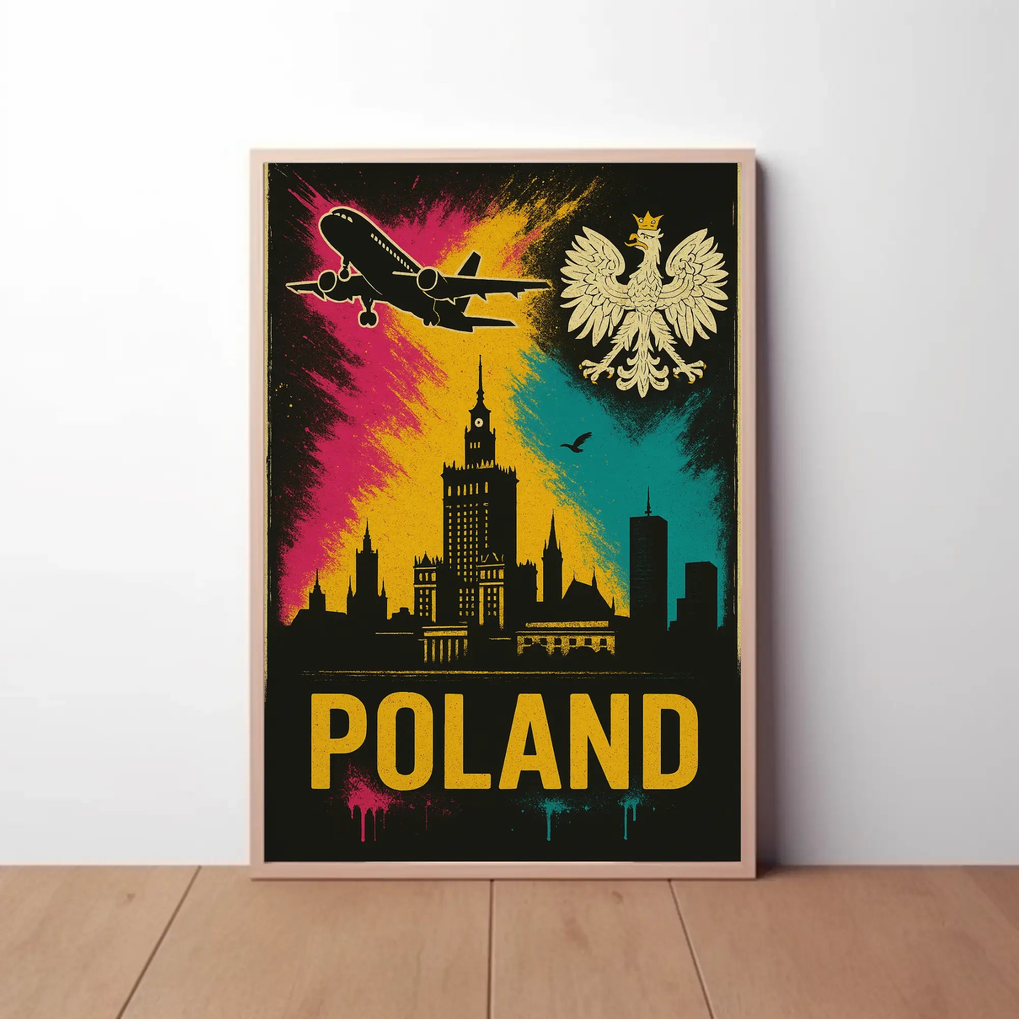 Vibrant Warsaw Travel Art Poster with Polish National Symbols PosterGoat