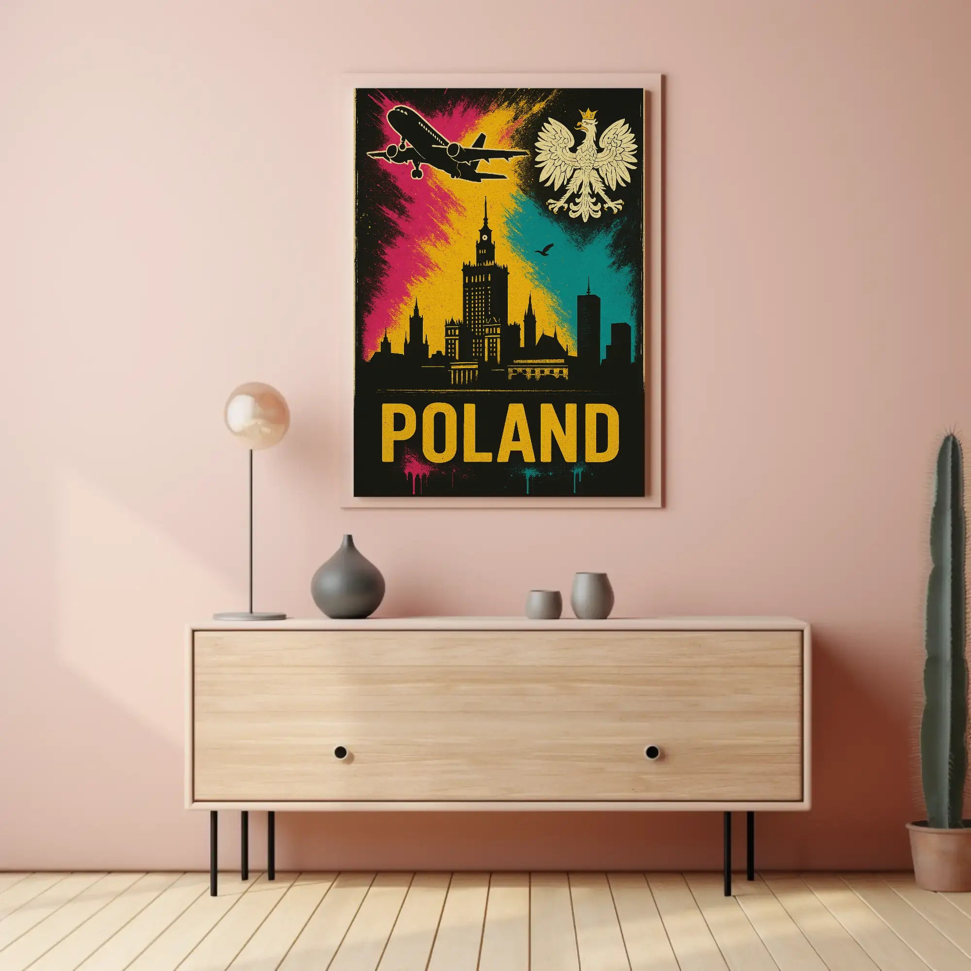 Vibrant Warsaw Travel Art Poster with Polish National Symbols PosterGoat