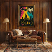 Vibrant Warsaw Travel Art Poster with Polish National Symbols PosterGoat