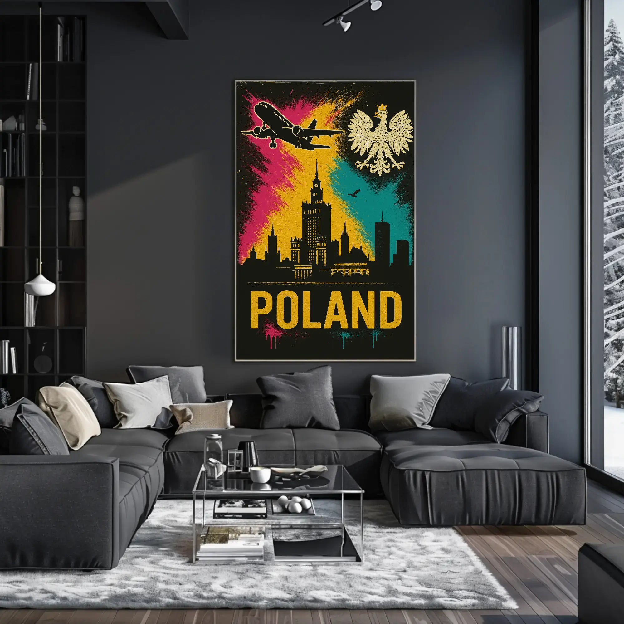 Vibrant Warsaw Travel Art Poster with Polish National Symbols PosterGoat