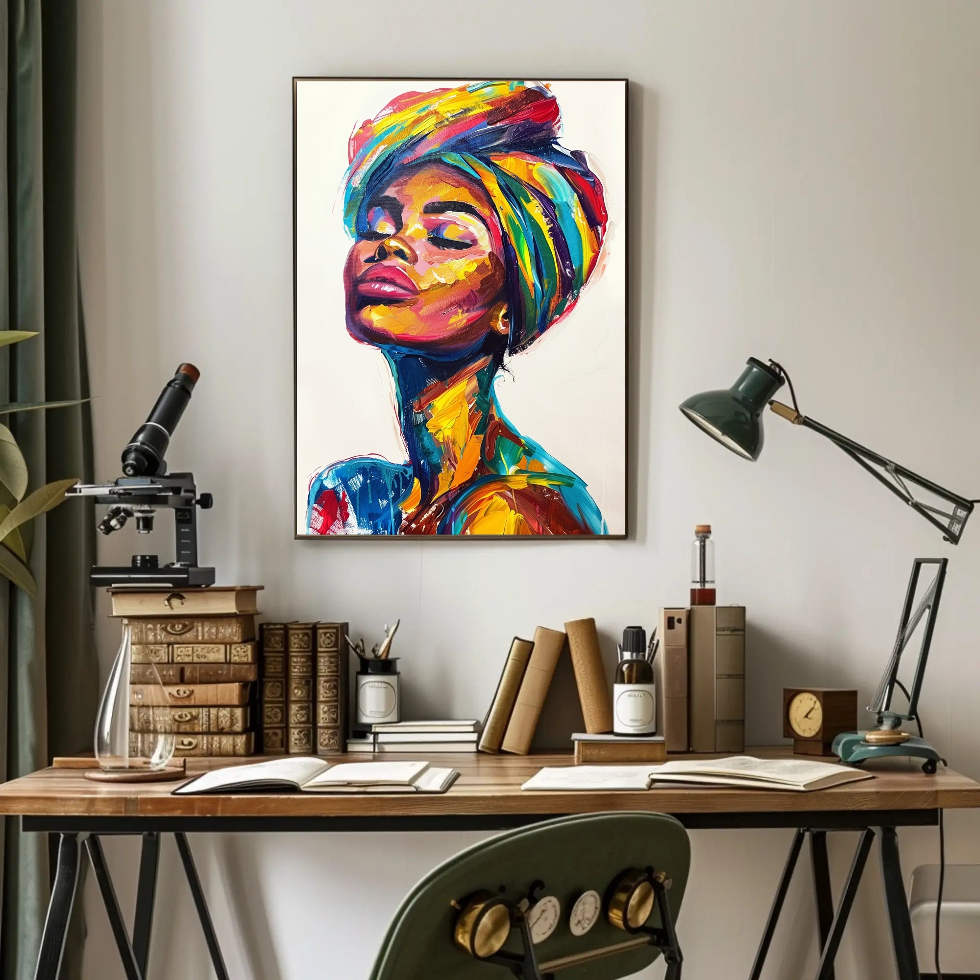 Vibrant Woman's Portrait in Abstract Artistic Poster PosterGoat