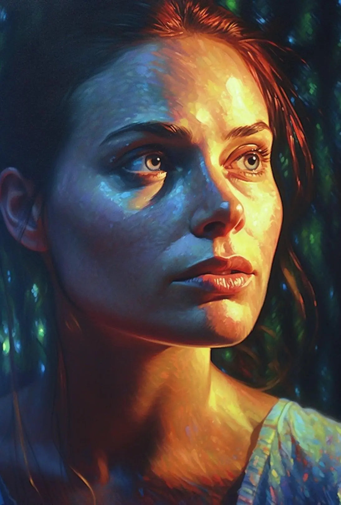 Vibrant Woman's Portrait with Nature Glow Artistic Poster PosterGoat