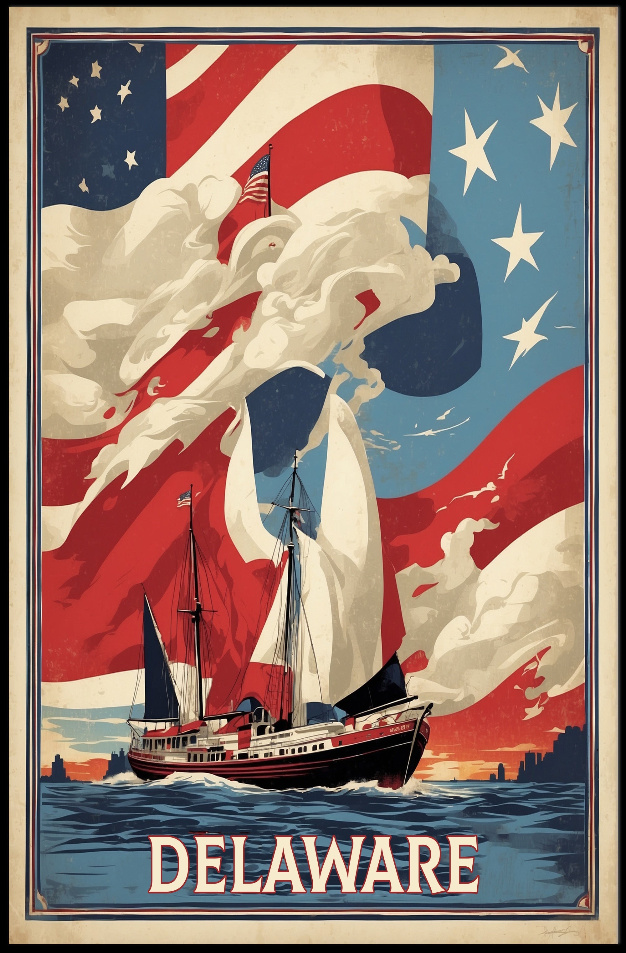 Vintage American Ship with Flag Poster - Cultural or Heritage Poster PosterGoat
