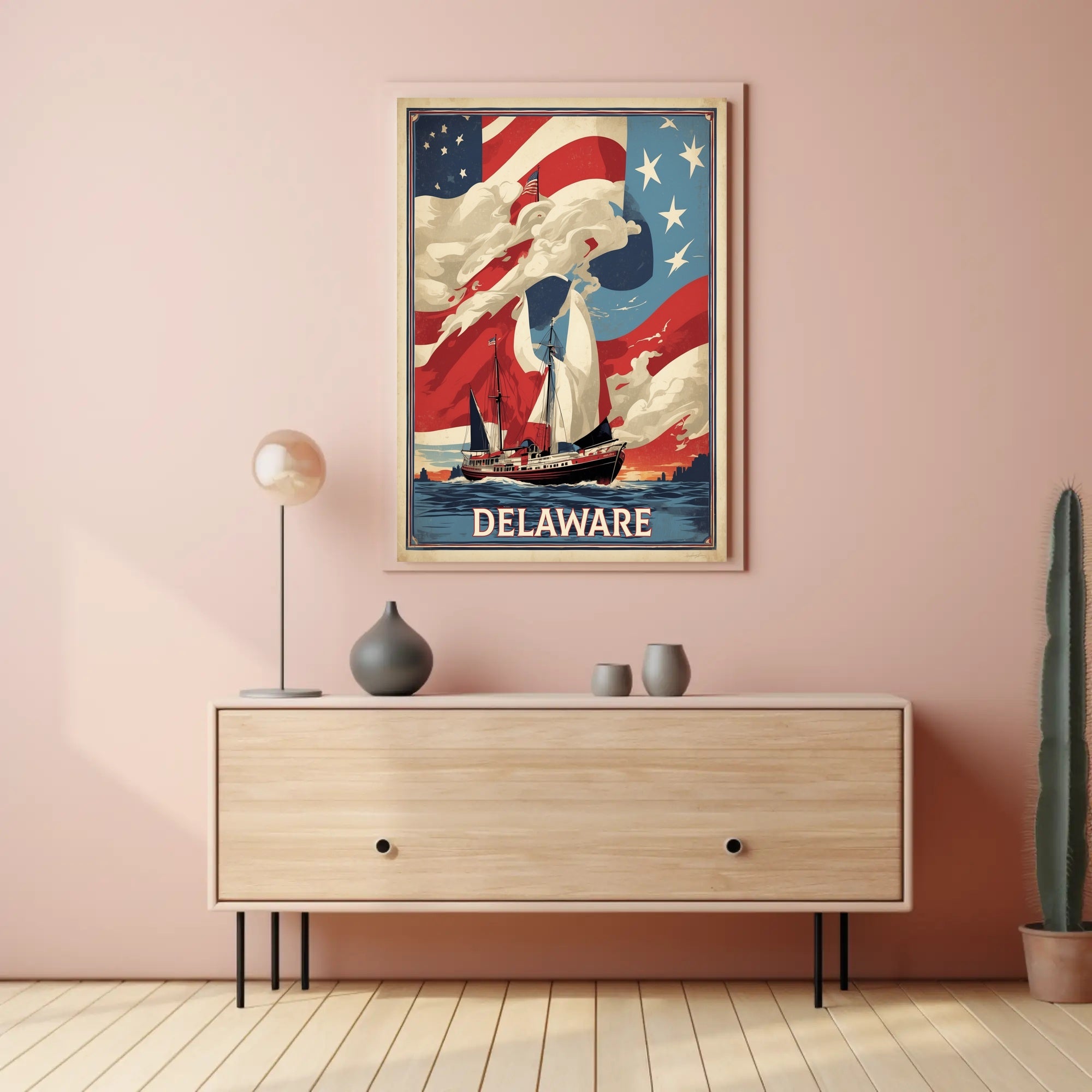 Vintage American Ship with Flag Poster - Cultural or Heritage Poster PosterGoat