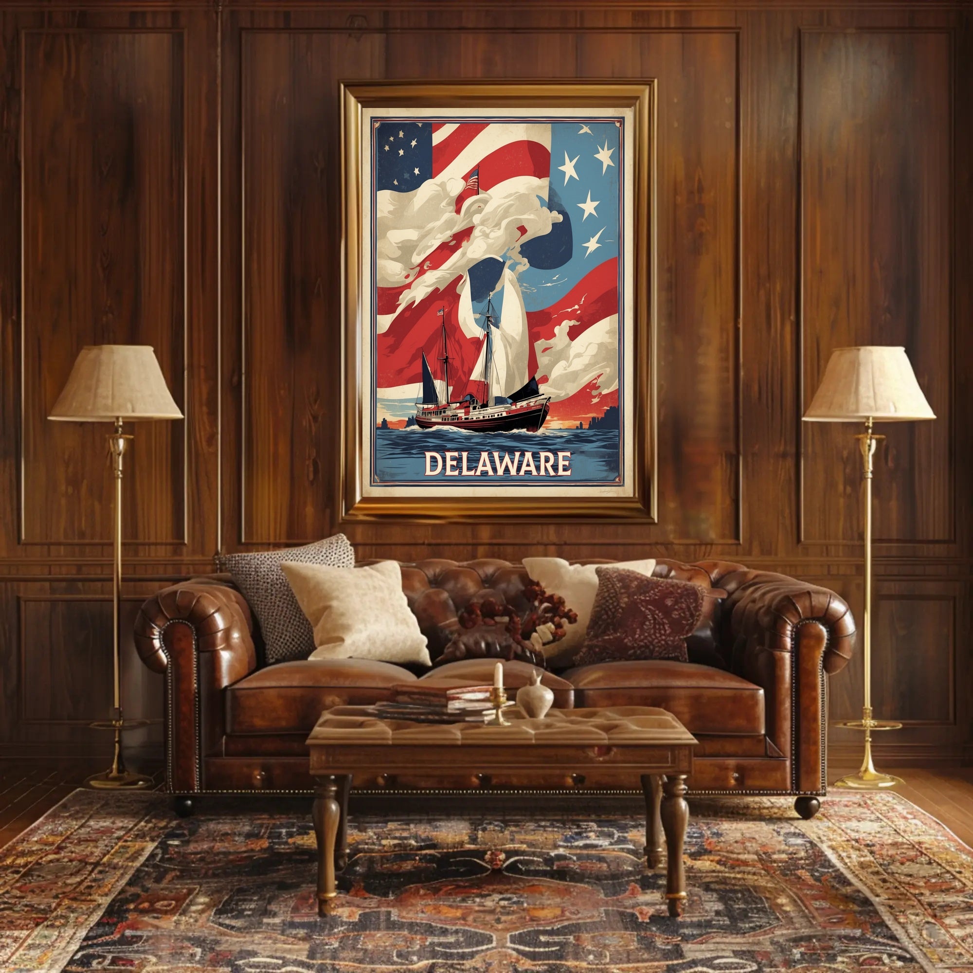 Vintage American Ship with Flag Poster - Cultural or Heritage Poster PosterGoat