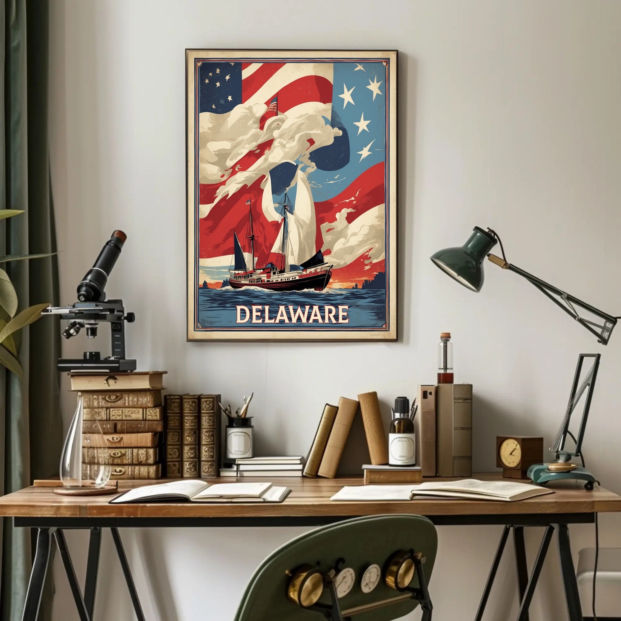 Vintage American Ship with Flag Poster - Cultural or Heritage Poster PosterGoat