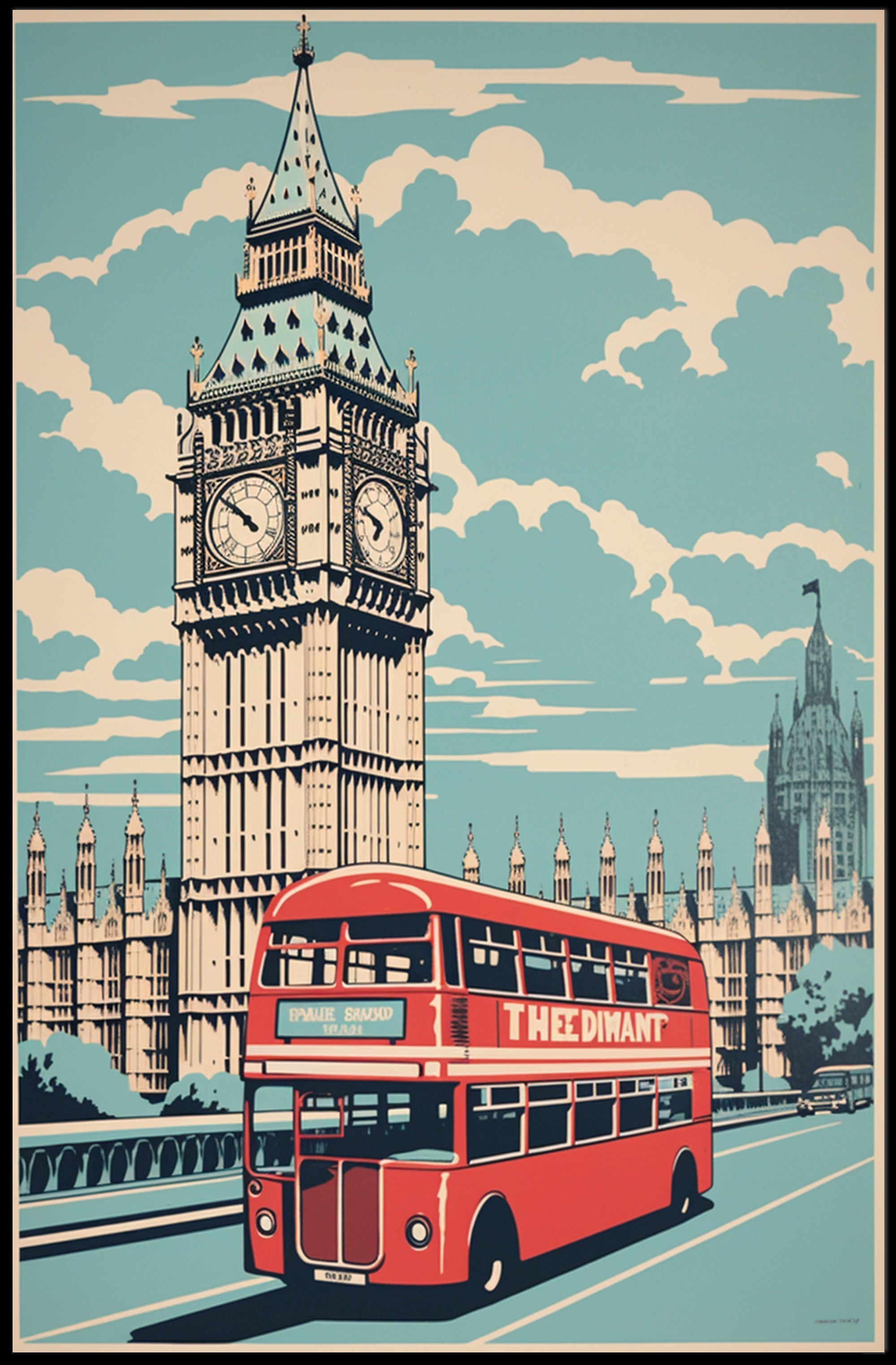 Vintage Big Ben and Red Bus Travel Poster PosterGoat