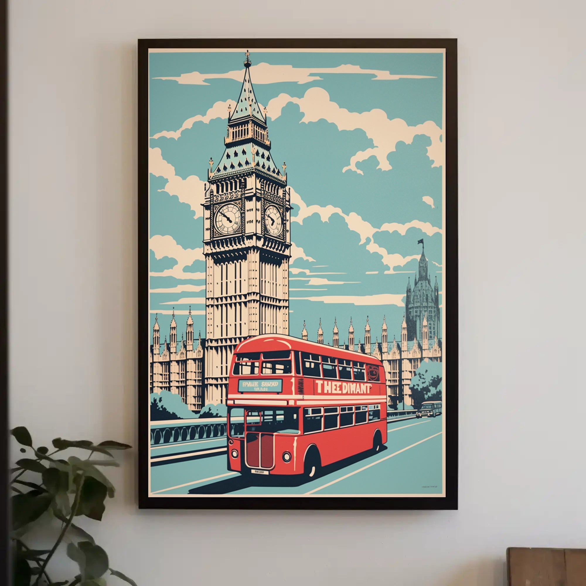 Vintage Big Ben and Red Bus Travel Poster PosterGoat