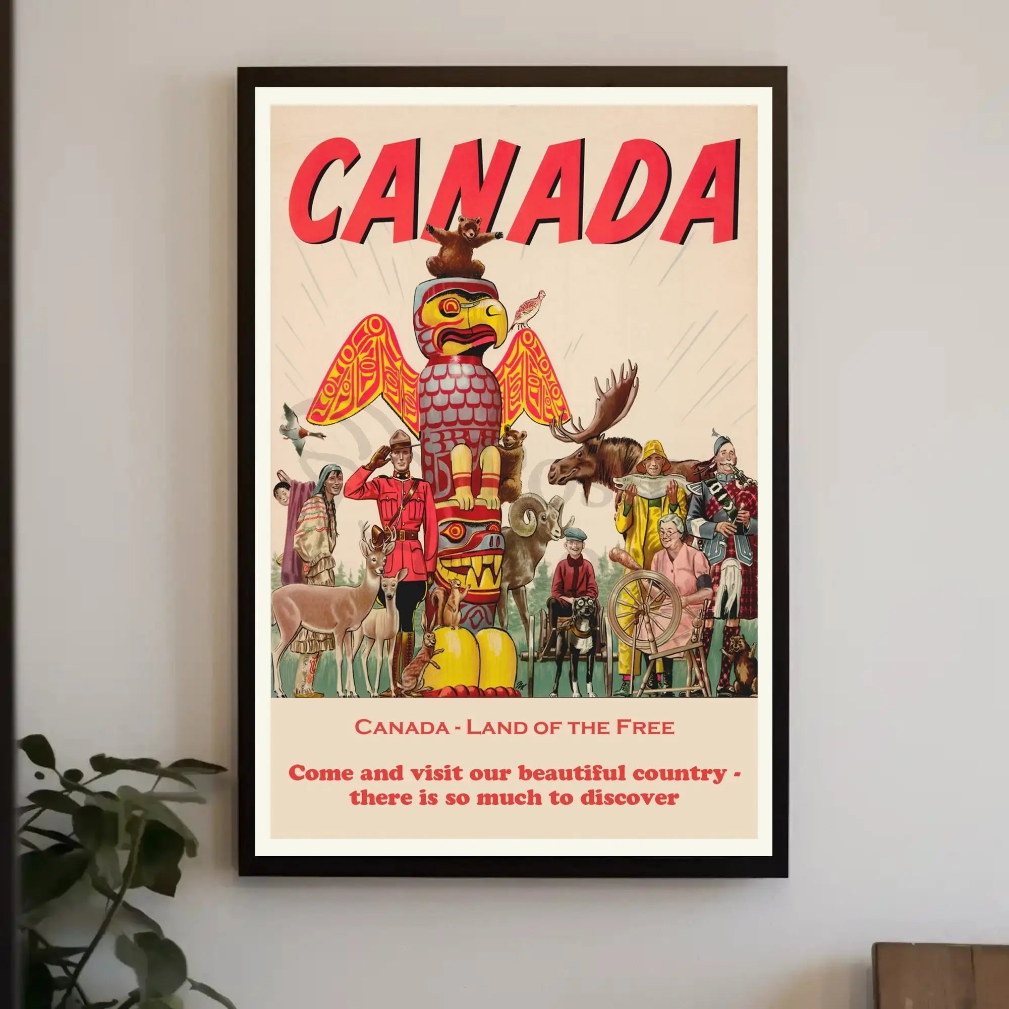 Vintage Canada Travel Poster with Iconic Totem Pole Imagery PosterGoat
