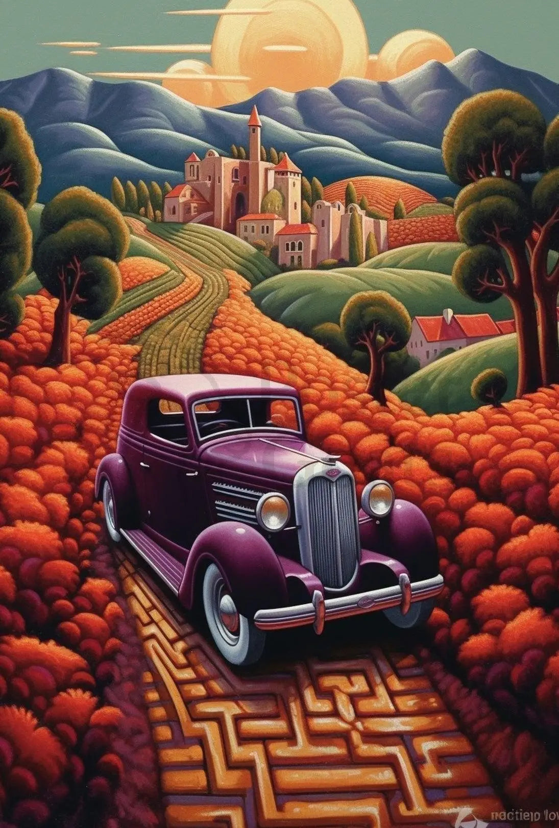 Vintage Car Adventure in Whimsical European Travel Poster PosterGoat
