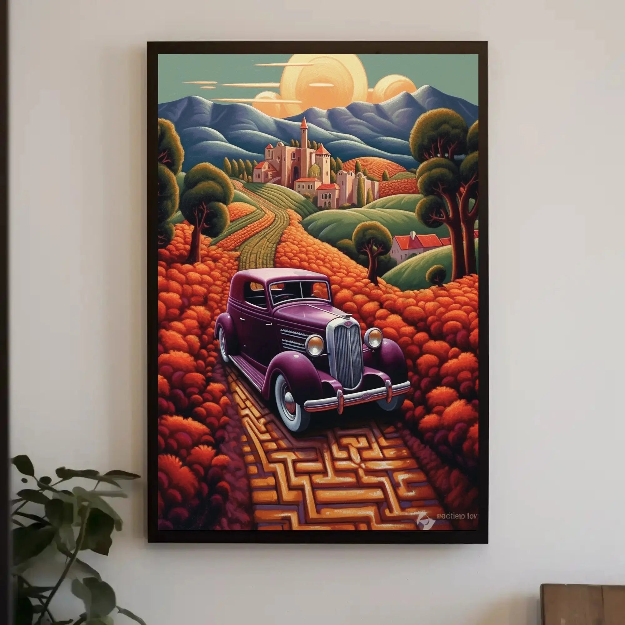 Vintage Car Adventure in Whimsical European Travel Poster PosterGoat