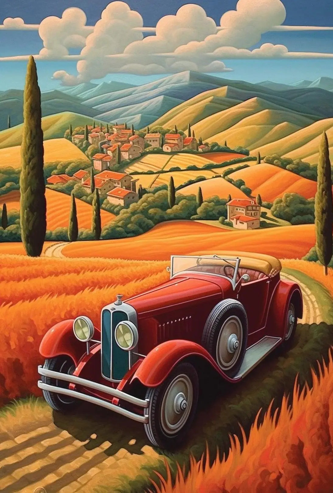 Vintage Car Journey through Tranquil Countryside Travel Poster PosterGoat
