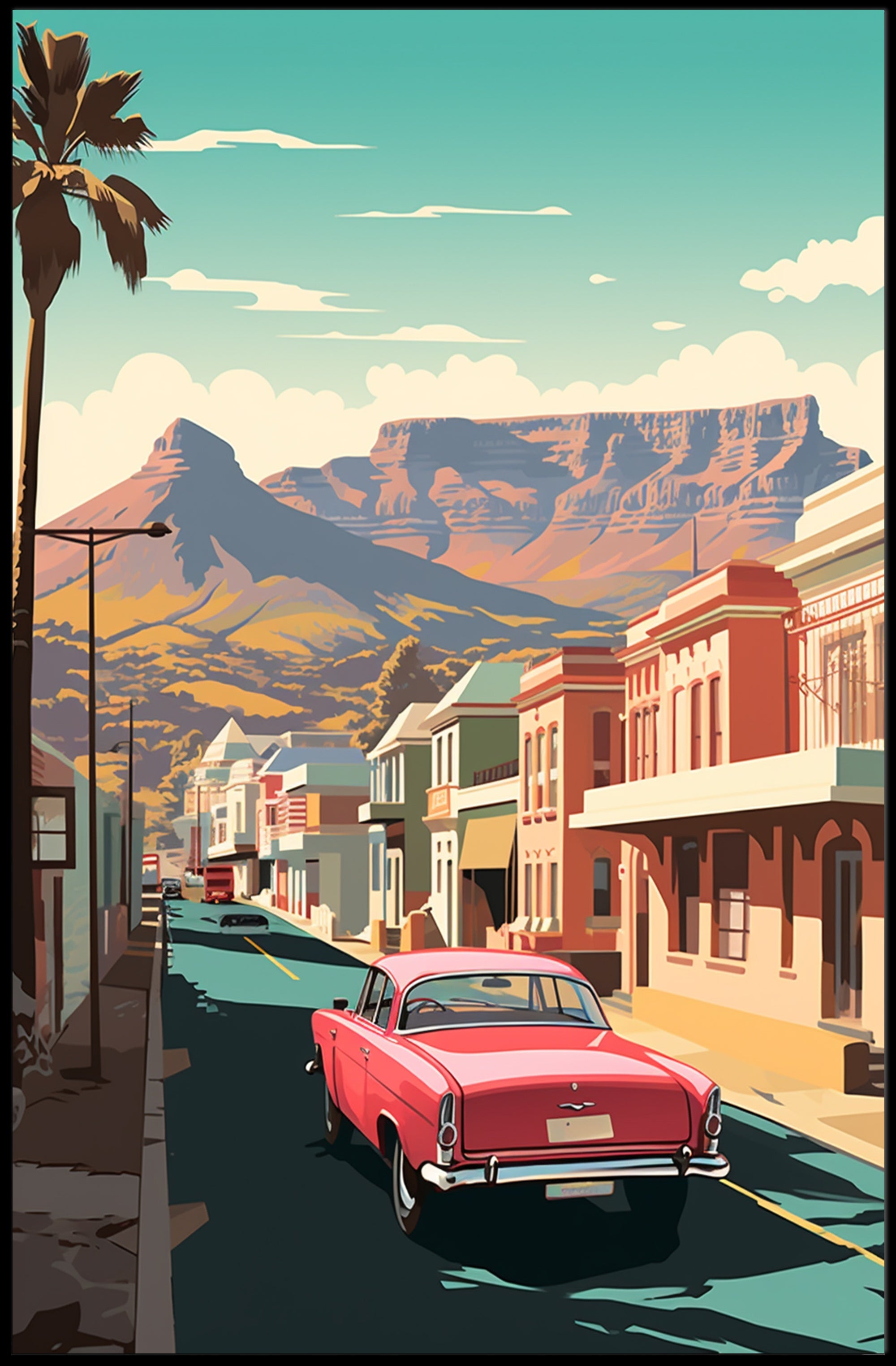 Vintage Car on Mid-Century Main Street Travel Poster PosterGoat