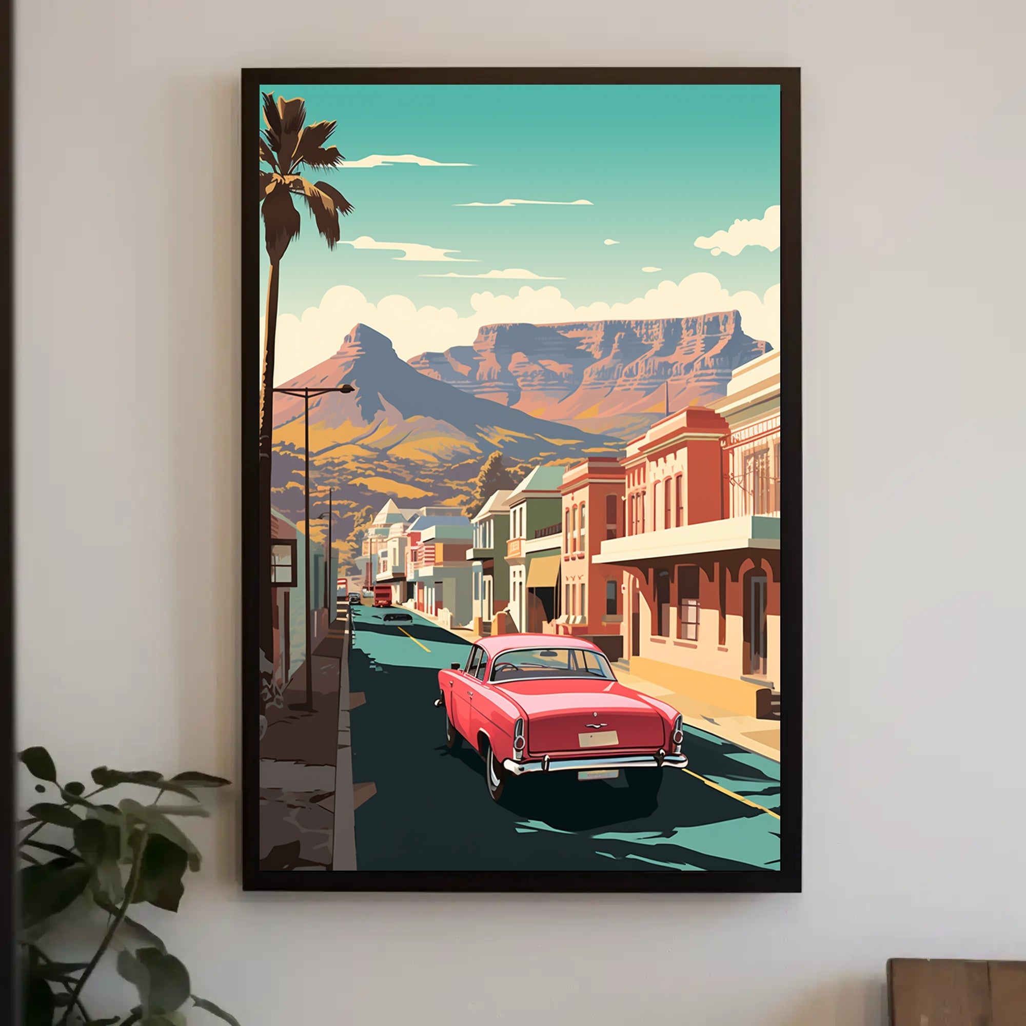 Vintage Car on Mid-Century Main Street Travel Poster PosterGoat