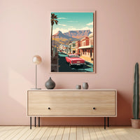 Vintage Car on Mid-Century Main Street Travel Poster PosterGoat