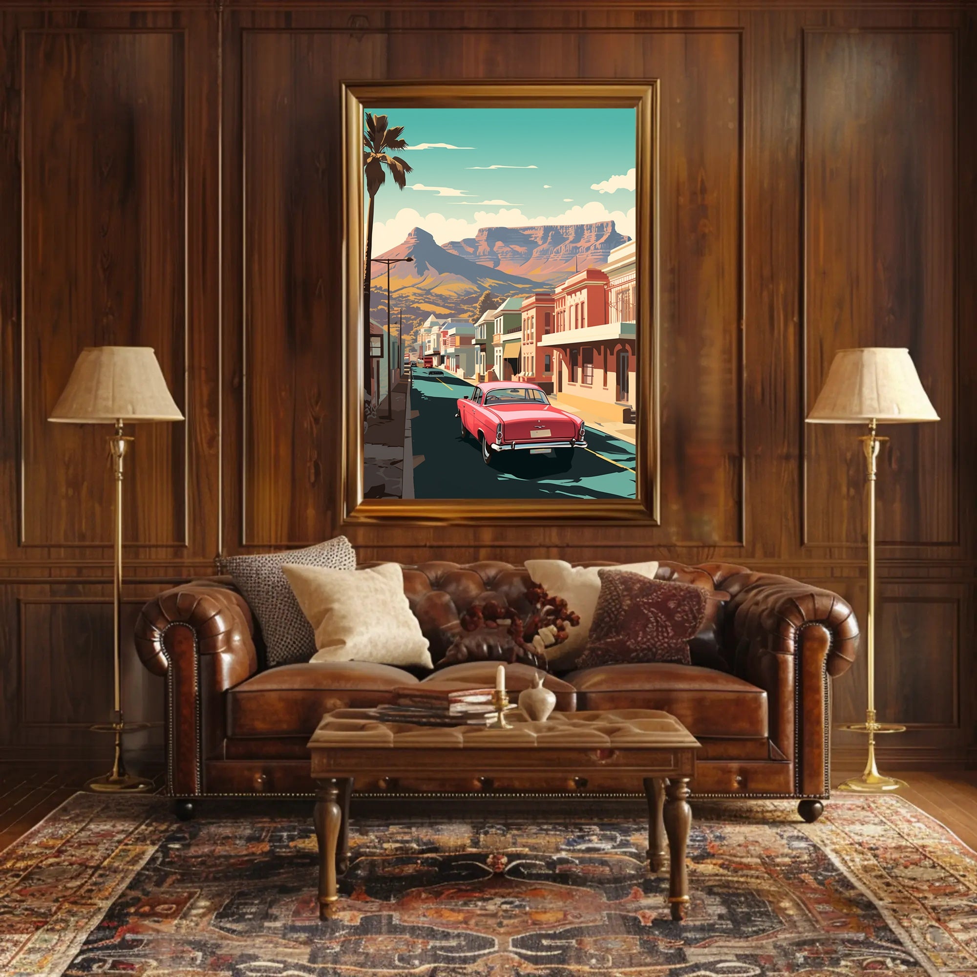 Vintage Car on Mid-Century Main Street Travel Poster PosterGoat